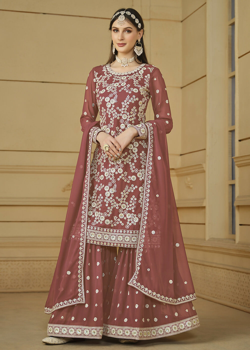 Rust Brown Embroidered Georgette Gharara Style Suit - Emponline