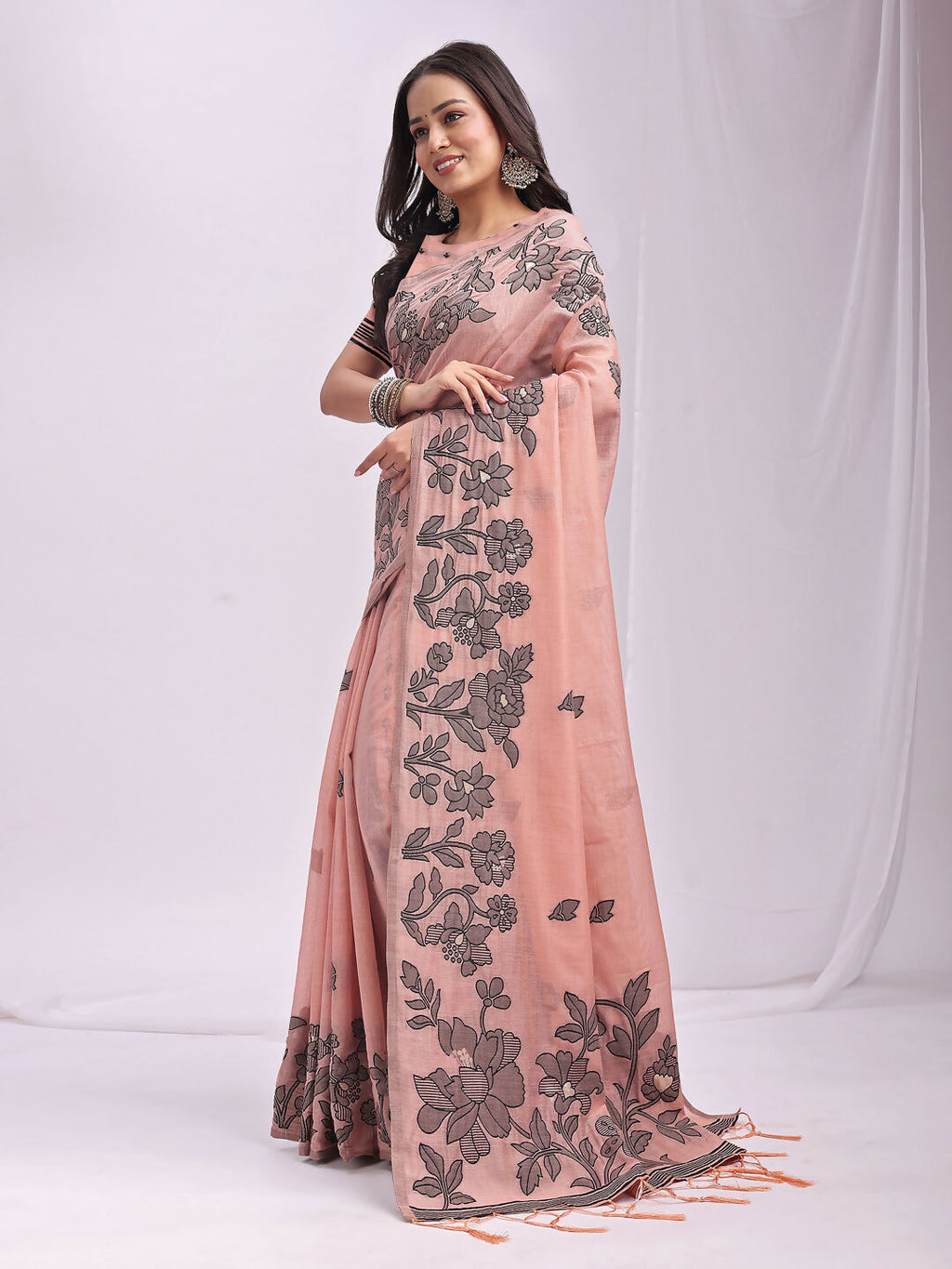 Shree Shyam Fashion Kashira Peach Linen Cotton Saree