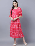 Myshka Women's Pink White Ethnic Motifs Printed Maxi Dress