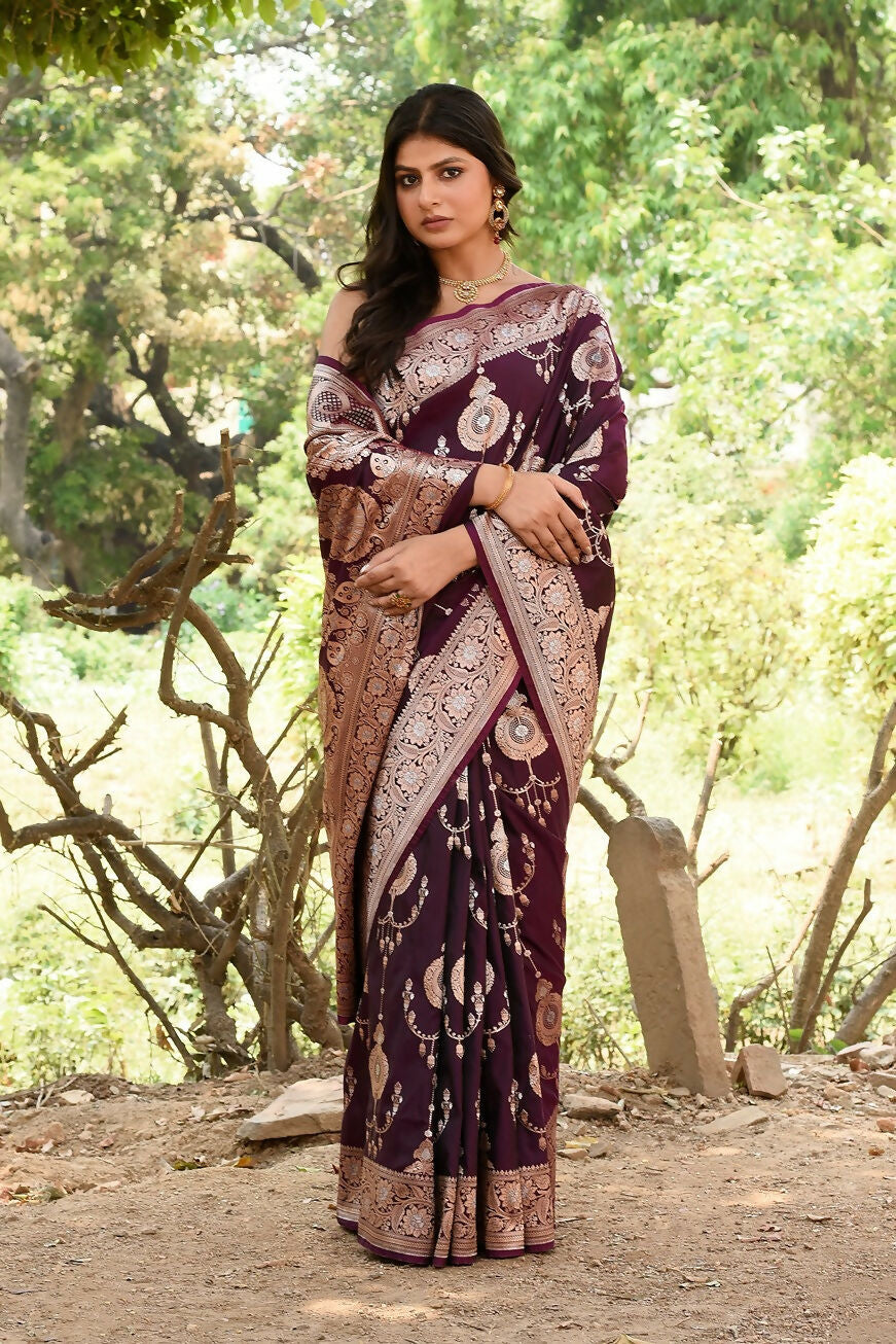 Joban Fashion Wine Banarasi Soft Pure Handloom Banarasi Silk Saree