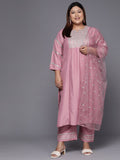 Sztori Plus Size Ethnic Motifs Embroidered Mirror Work Straight Kurta & Trousers & Dupatta