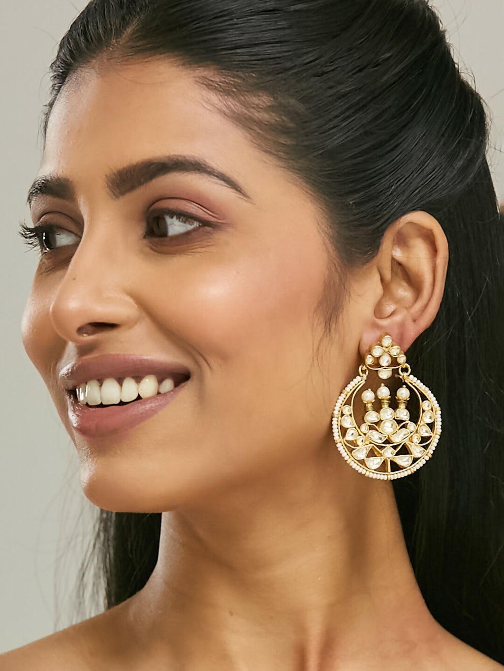 Nuyug 22K Gold-Plated Elegant Kundan Stone Studded & Pearl Beaded Chandbalis