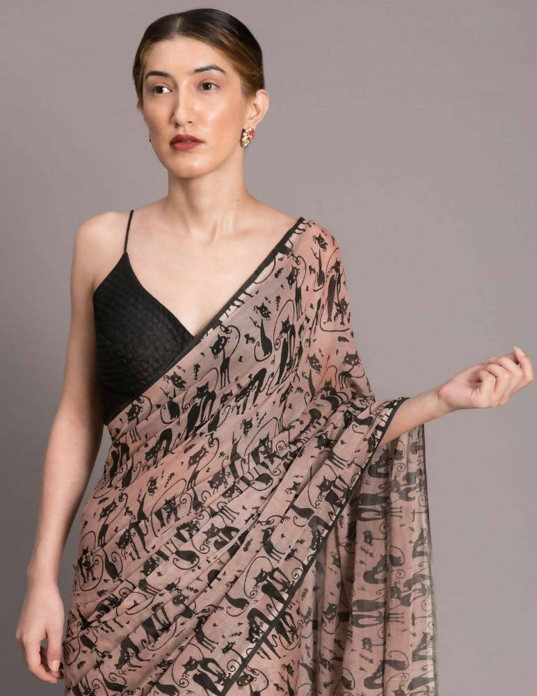 Suta Beige Black Pure Mul Cotton Printed Saree