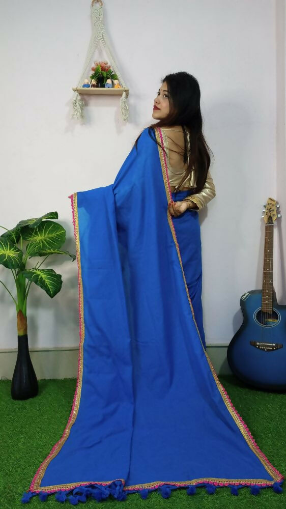 Exclusive Collection Beautiful Khadi Cotton Handloom Saree With Beautiful Zari Border - Blue