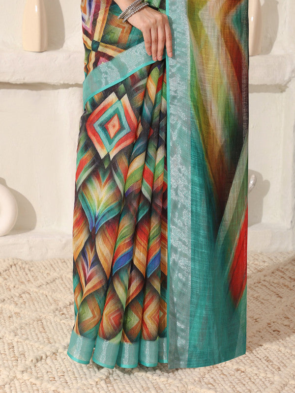 Shivam Fabrics Multi Color Linen Fabric Printed Saree