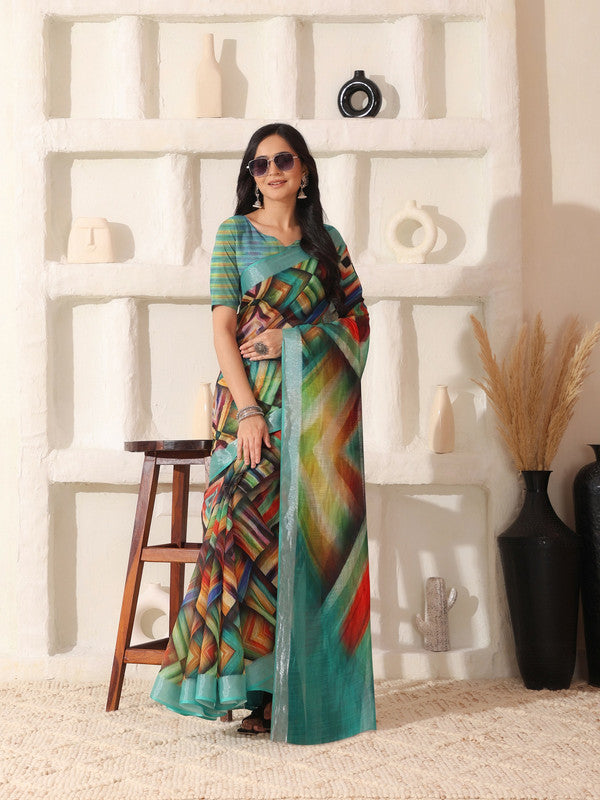 Shivam Fabrics Multi Color Linen Fabric Printed Saree