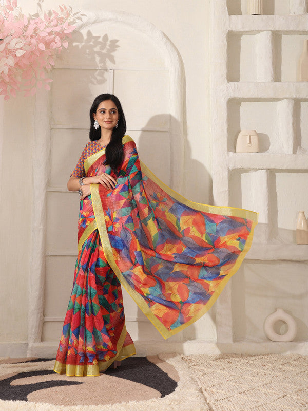 Shivam Fabrics Red Linen Fabric Printed Saree