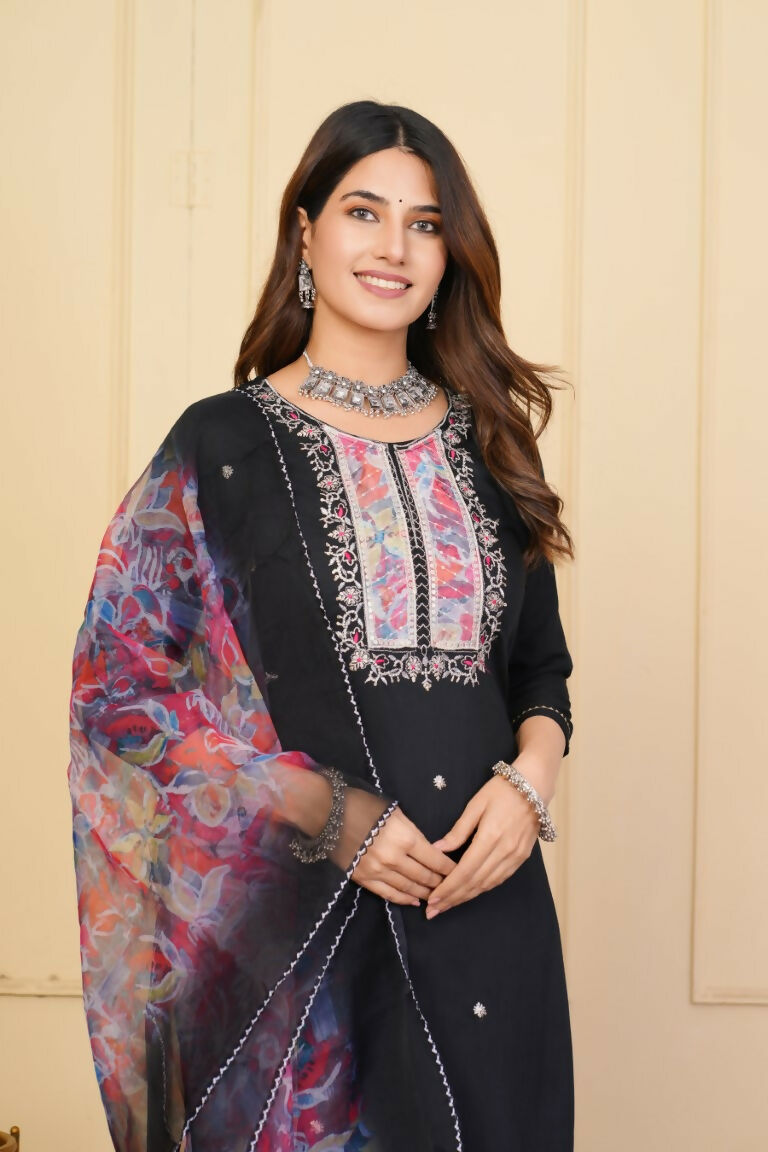 Black Rayon Slub Embroidered Stitched Suit With Dupatta - Tanisha