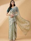 Green Organza Sequence Embroidered Saree with Unstitched Blouse - Satya