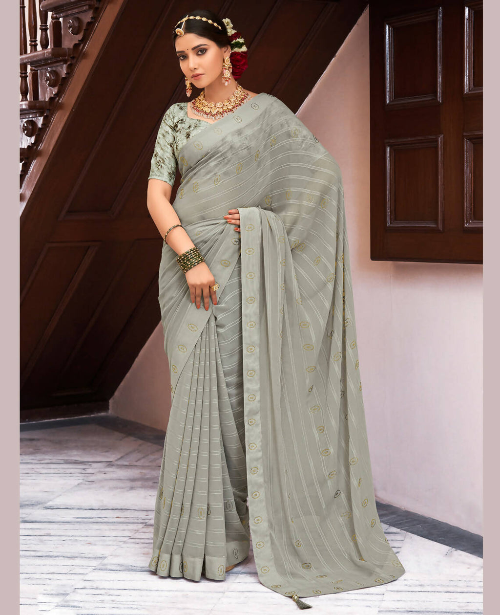 Grey Georgette Swaroski Work Saree With Unstitched Blouse Piece - Juhi