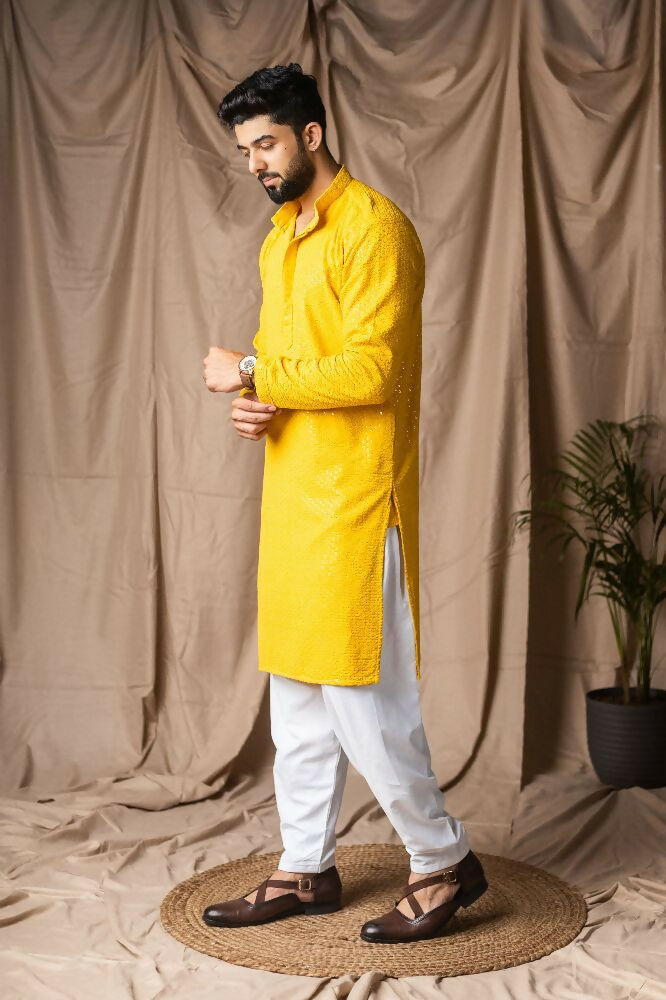Light Yellow Rayon Thread Embroidery Work Kurta Set - Mahotsav