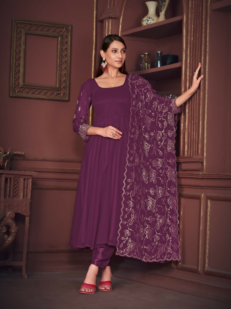 Jyoti Fashion Women's Purple Georgette Embroidered Anarkali Kurta Pant Set With Dupatta