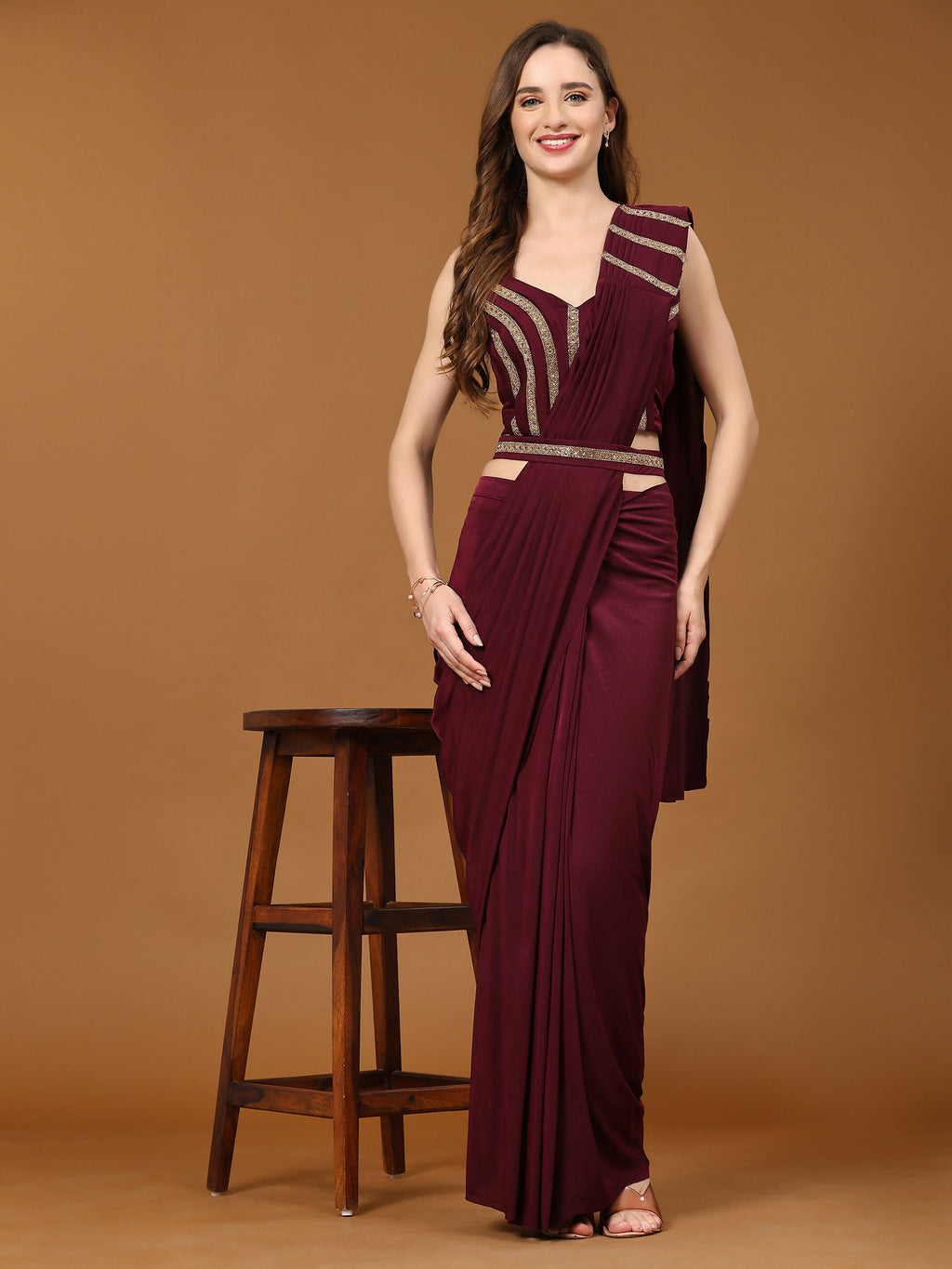 Maroon Polyester Solid Ready to Wear Saree with stitched Blouse - Nita