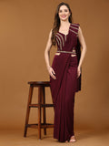 Maroon Polyester Solid Ready to Wear Saree with stitched Blouse - Nita