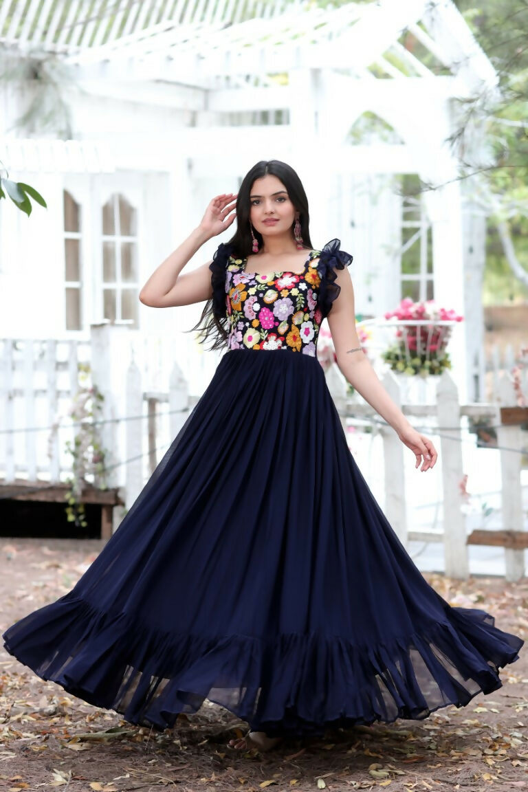 Jyoti Fashion Women's Navy Blue Sequins Thread Embroidery Faux Blooming Anarkali Dress
