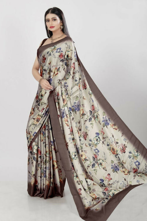 Aayaa Designer Printed Satin Saree - Multi Color