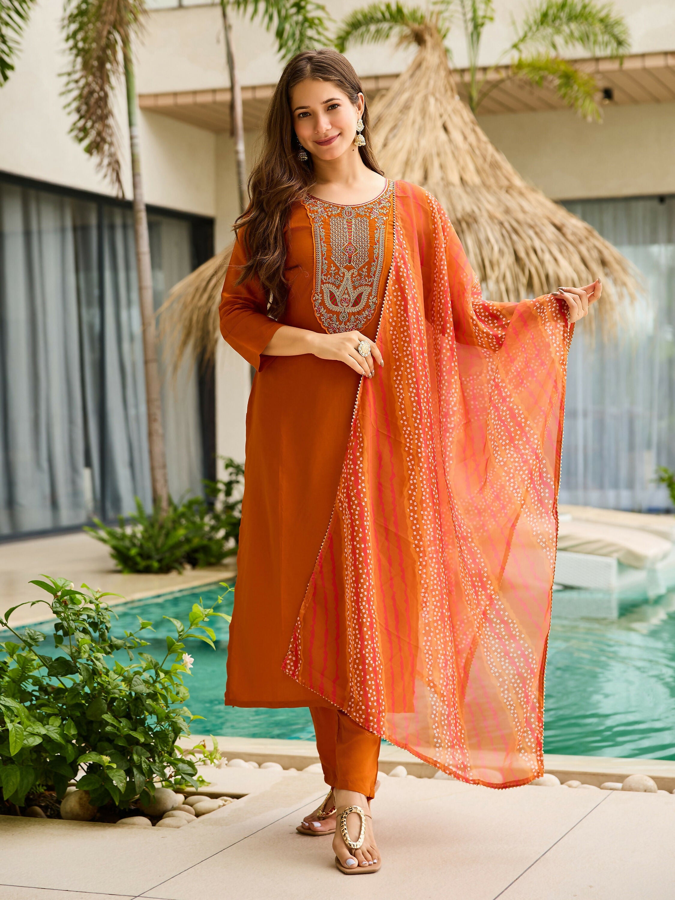 The52 Rust Women's Gorgeous Embroidered work Rayon Fabric Straight Kurta, Pant and Dupatta Set