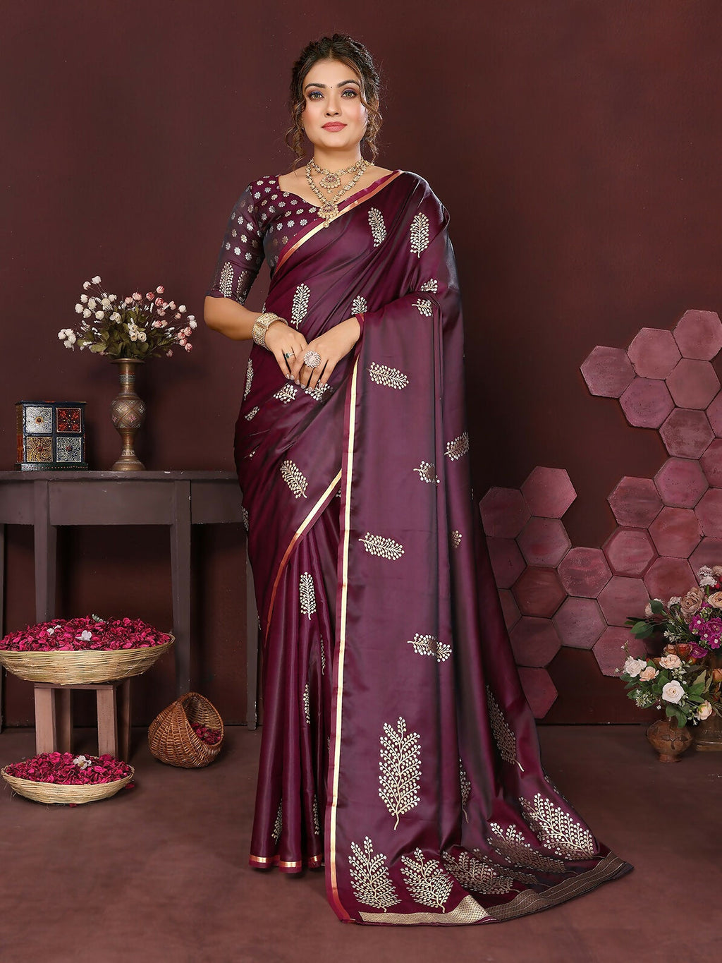 Joban Fashion Wine Floral Motifs Banarasi Silk Sarees