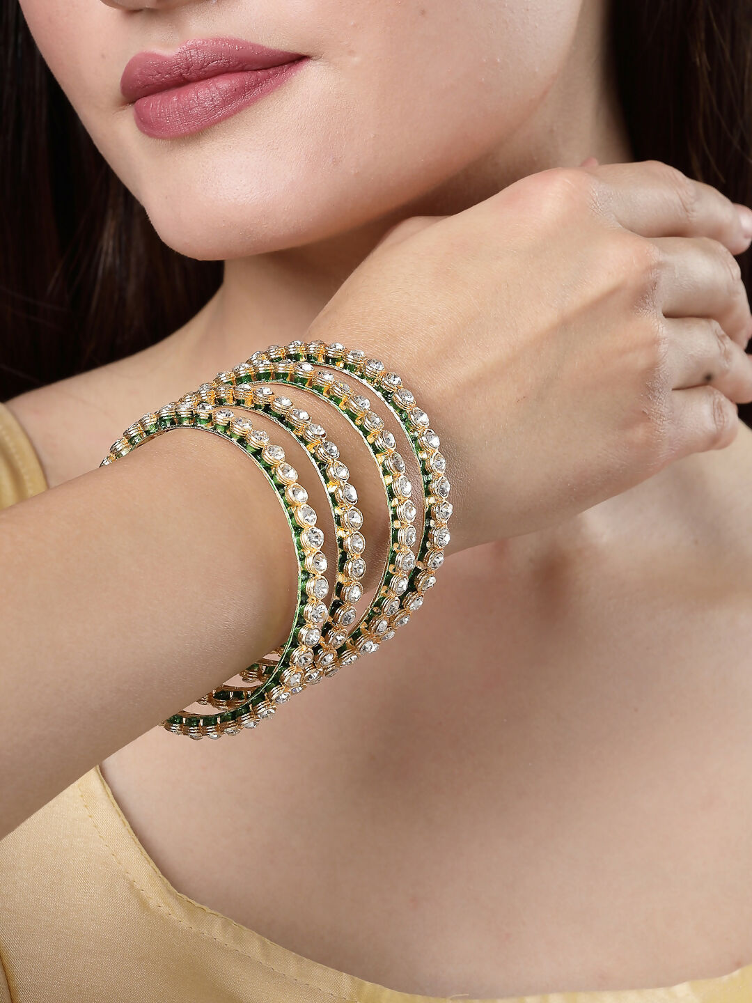 NVR Women's Set Of 4 Gold-Polished Kundan-Studded Traditional Bangles