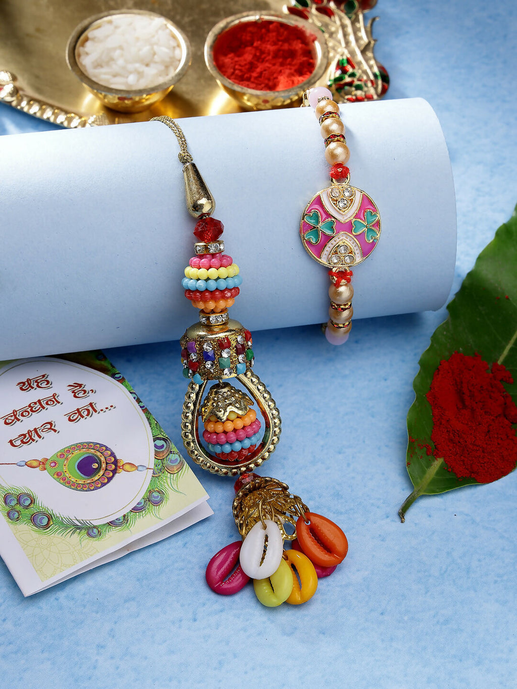 NVR Women & Men Set of 2 Multicolor Artificial beads Bhaiya Bhabhi Rakhi With Roli Chawal