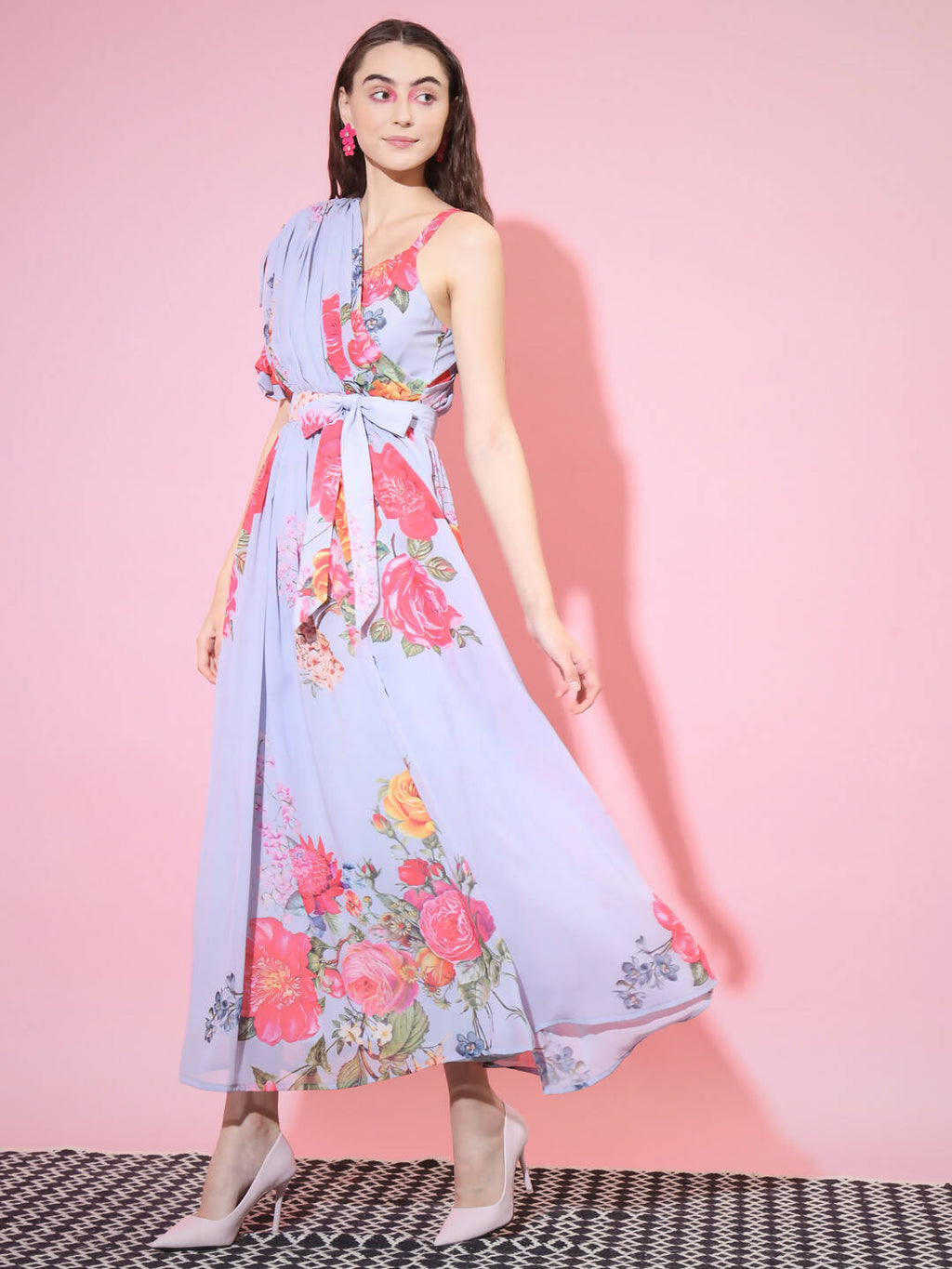 Myshka Women's Grey Floral Printed Empire Dress