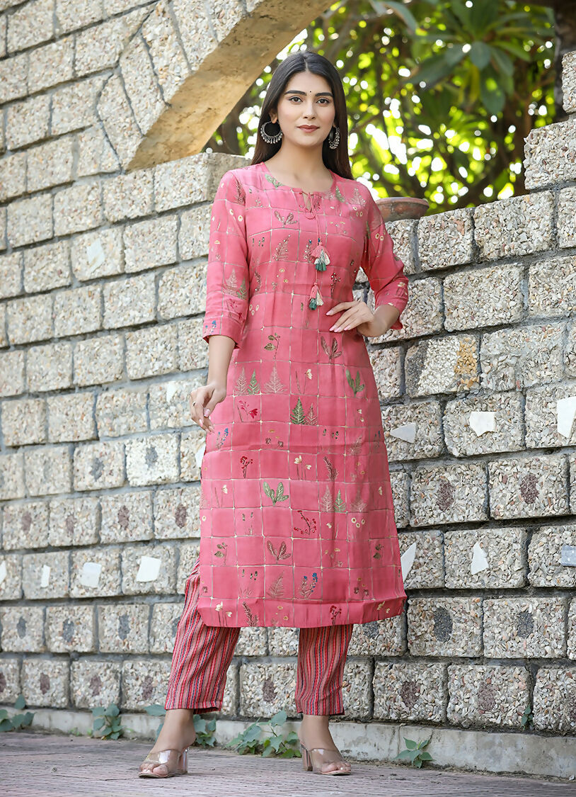 Kaajh Women's Pink Floral Printed Modal Silk Kurta Pant Set
