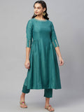 Myshka Dark Green Embroidered 3/4 Sleeve Round Neck Kurta Pant Dupatta Set