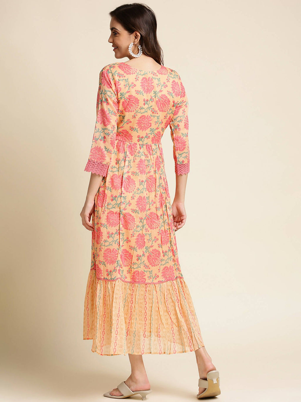 Peach Cotton Floral Printed Fit & Flare Dress - Yukti