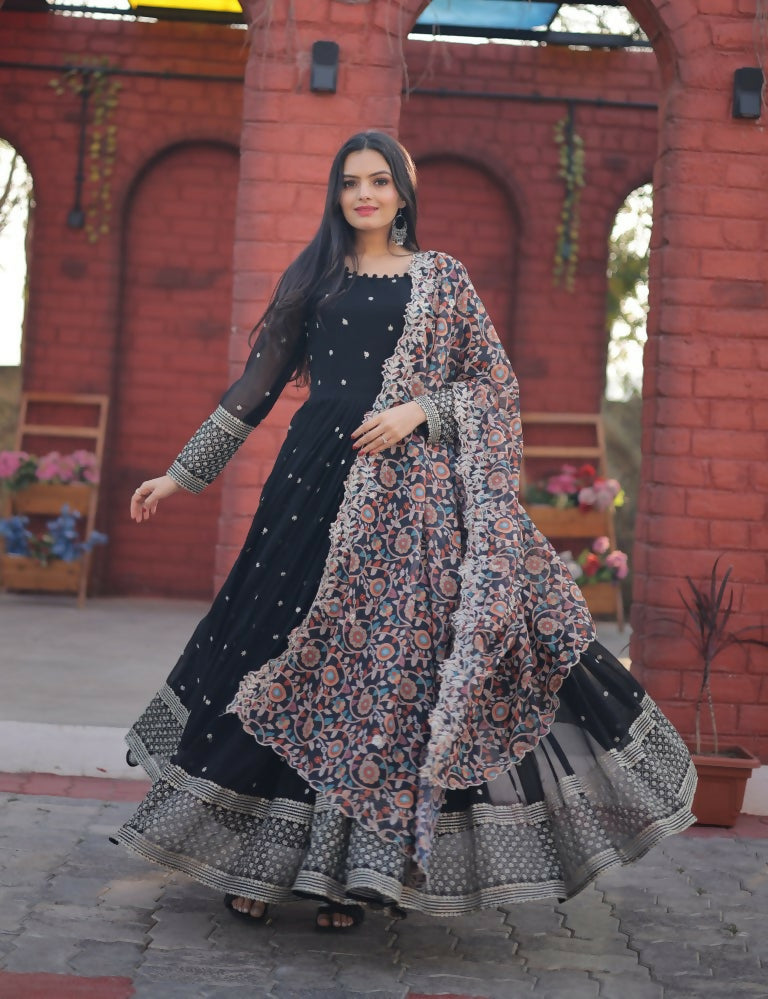 Jyoti Fashion Women's Black Faux Blooming Sequence Zari Embroidered Anarkali Dress with Dupatta
