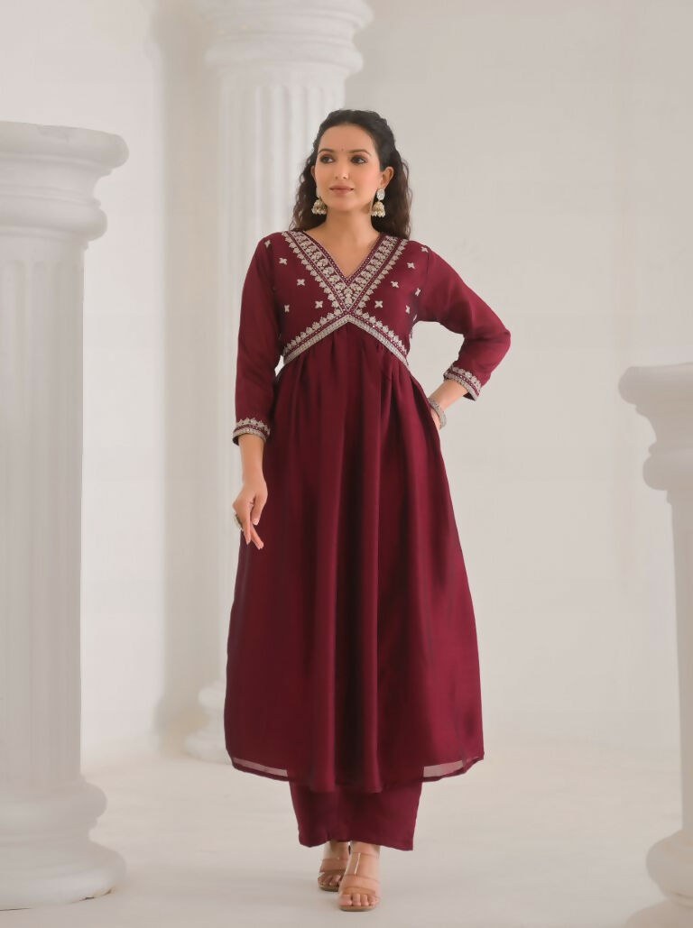 Ethnic Festive Wear Vichitra Silk Wine Stitched Suit With Dupatta - Tanisha