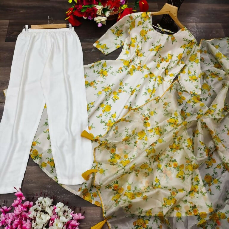 Jyoti Fashion Women's Mehendi Heavy Chanderi Floral Digital Printed Kurta with Trouser & Dupatta