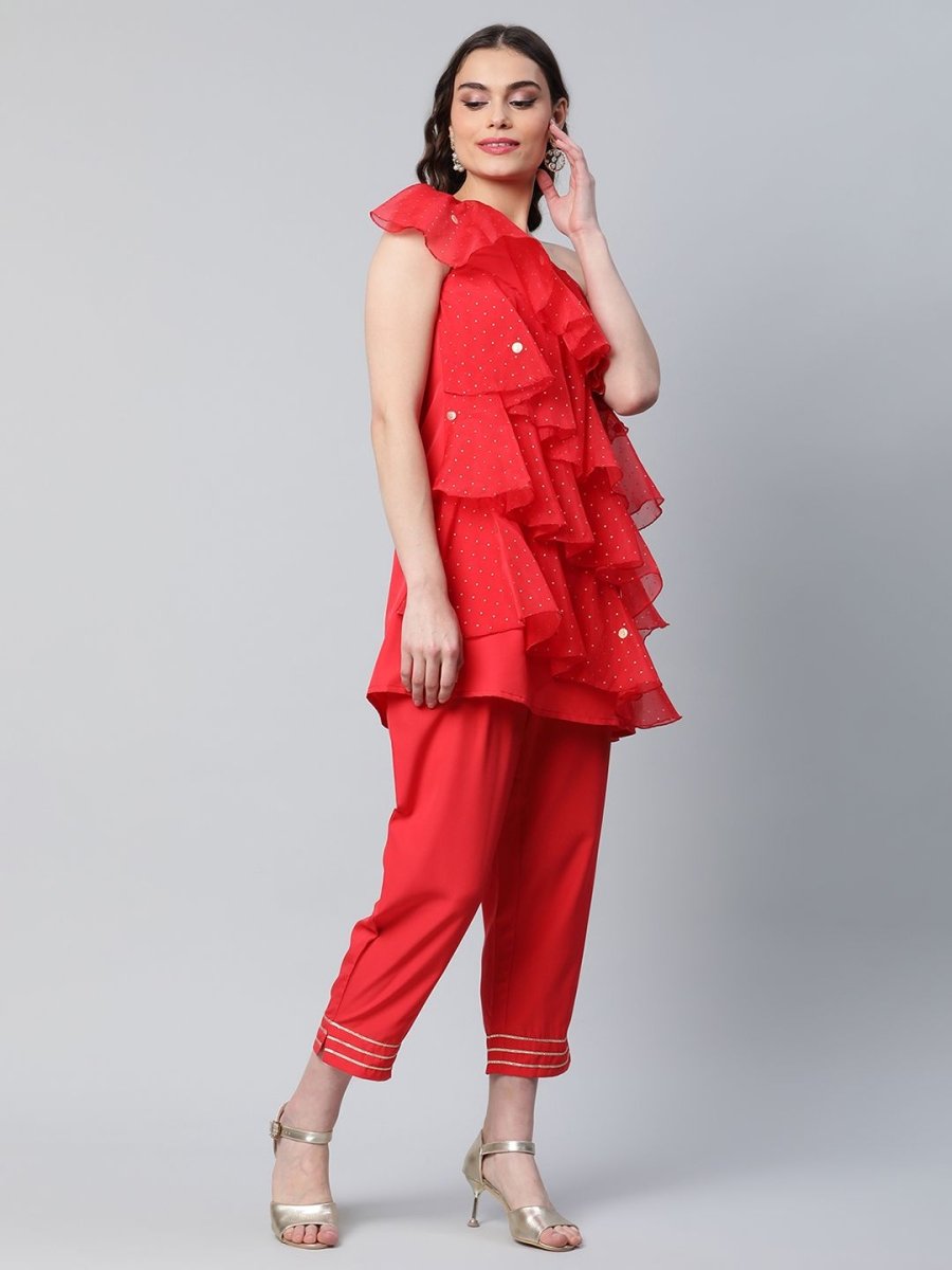 Ahalyaa Women Red Printed Layered Top with Trousers