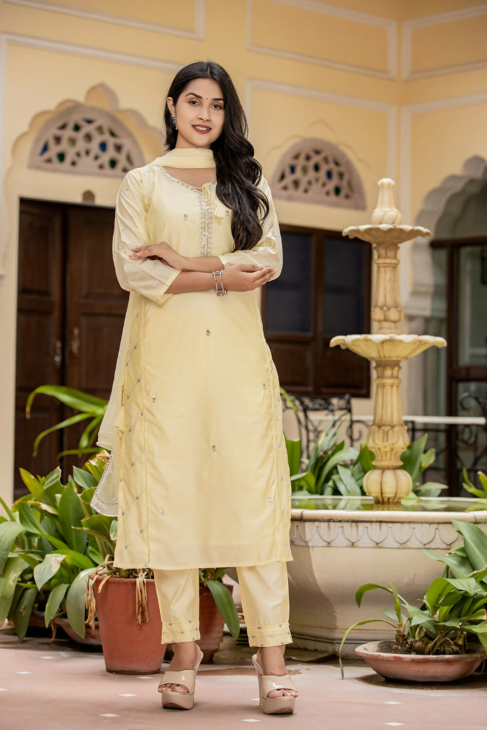 Kaajh Women's Light Yellow Modal Silk Kurta Pant Set With Dupatta