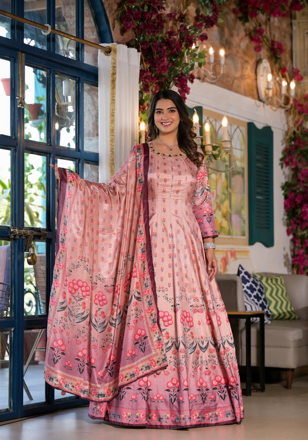 Partywear Designe rPeach Dola Silk Anarkali suit with Dupatta - Samyukta