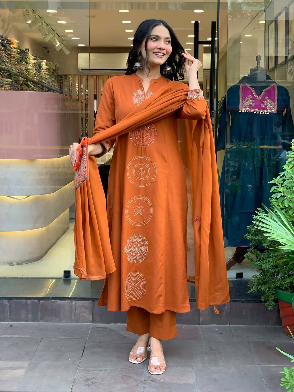 The52 Orange Women's Gorgeous Chanderi Fabric Embroidered Work Straight Kurta Pant and Dupatta Set