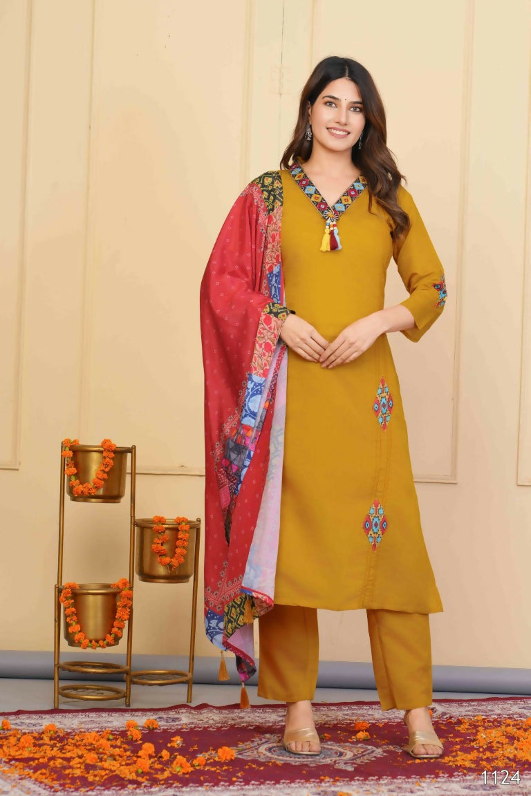 Mustered Viscose Chanderi Embroidered Stitched Suit With Dupatta - Tanisha