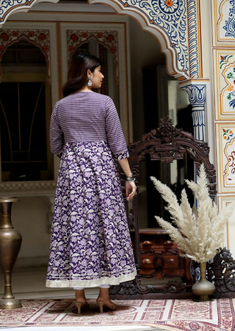Miravan Women's Flower Printed Blue Anarkali Kurta With Beautiful Border And Dupatta