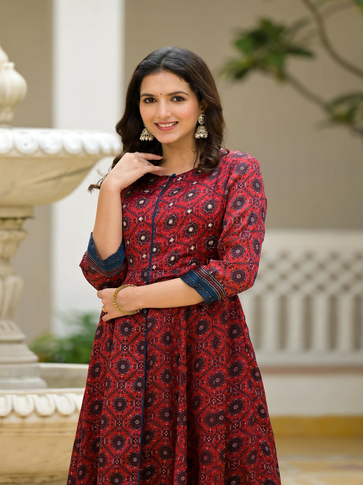 Juniper Women's Red Ethnic Motif Printed Cotton Maxi Dress With Button