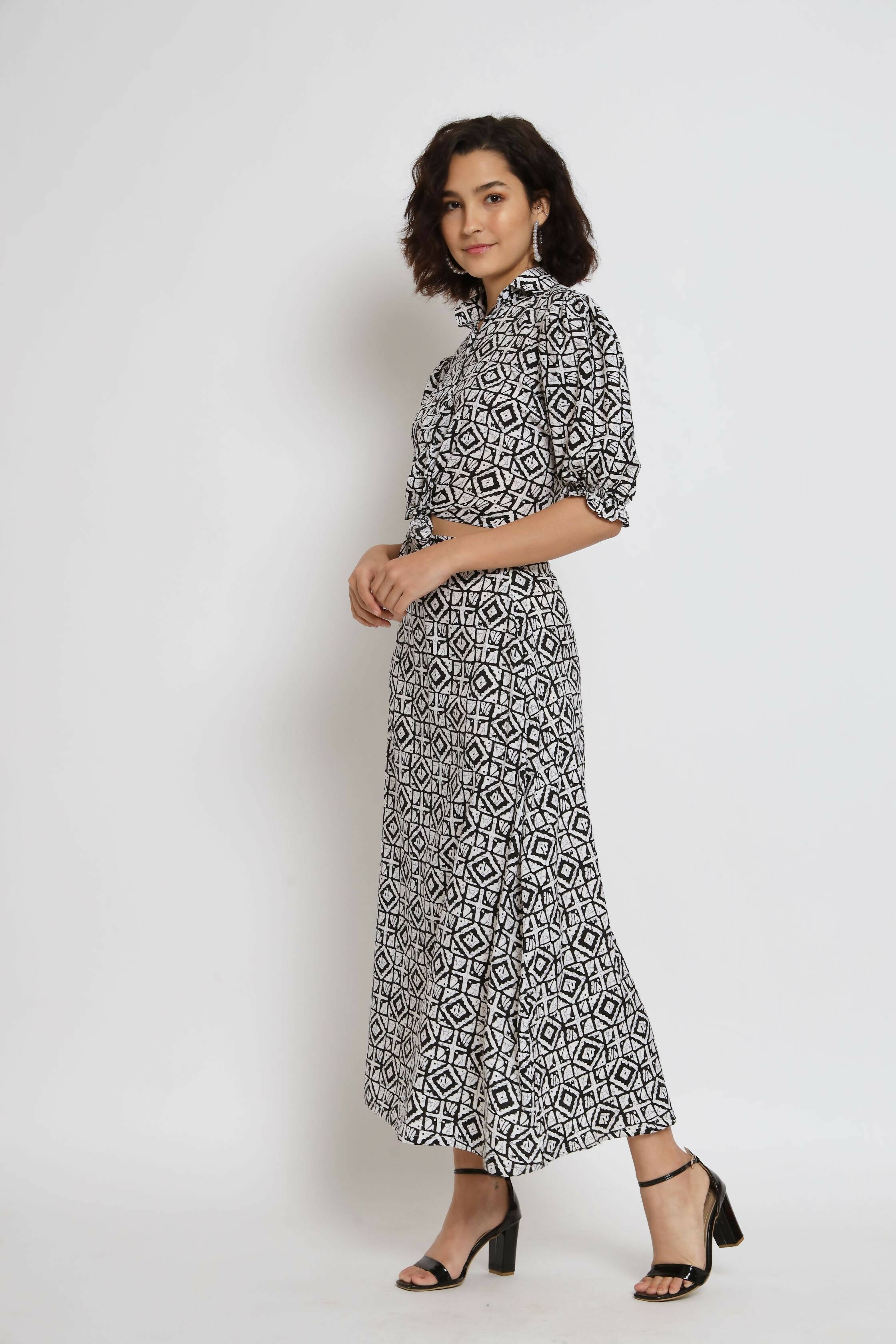 White Crepe Geometric Printed Top with Matching Skirt - Shivani