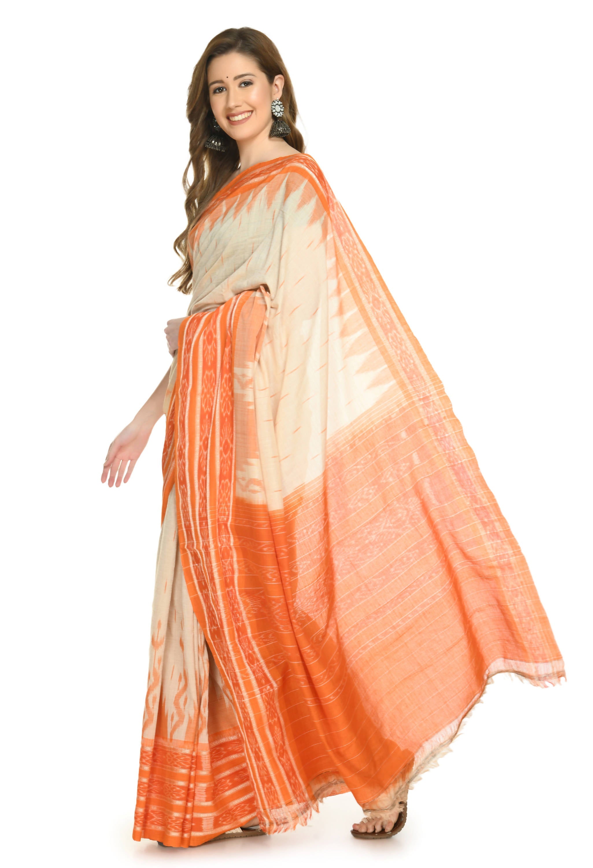 Vamika Sambalpuri Ikat Cotton Scot Dali Tasrite Orange Saree