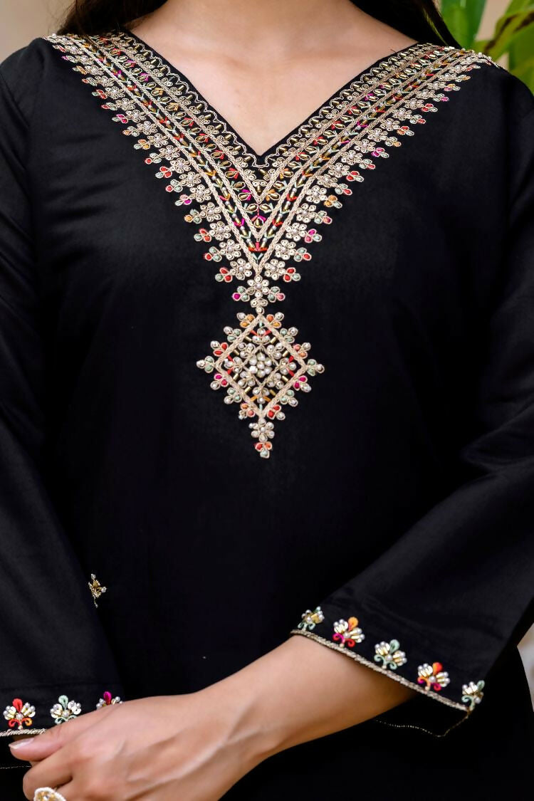 The52 Black Women's Beautiful Viscose Chanderi Fabric Embroidered Work Straight Kurta Pant and Dupatta Set