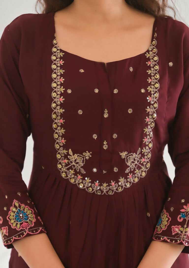 Festive Ethnic Viscose Chanderi Maroon Stitched Suit With Dupatta - Rashmika