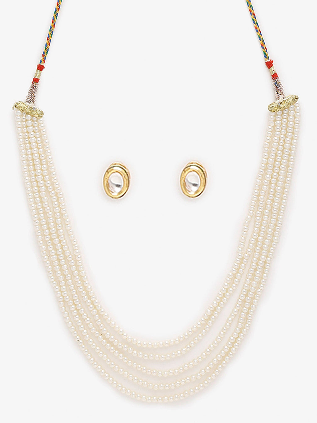 Women's White Gold-Toned Plated Kundan Layered Necklace Set - Ruby Raang