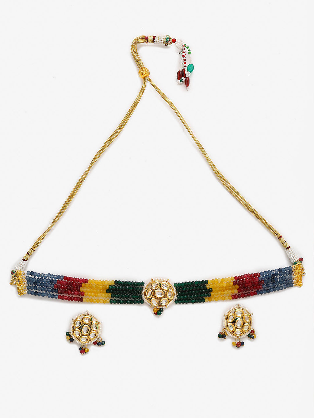 Multicoloured Kundan-Studded Beaded Choker Jewellery Set - Ruby Raang