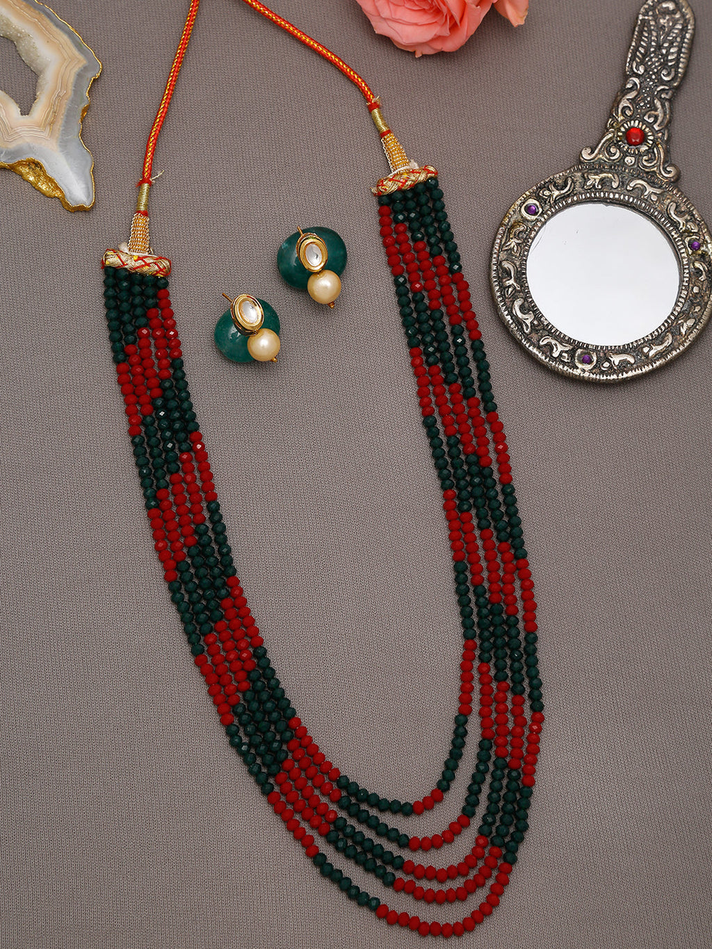 Red Black Multi Layered Onyx Neckpiece With Kundan Studs - Ruby Raang