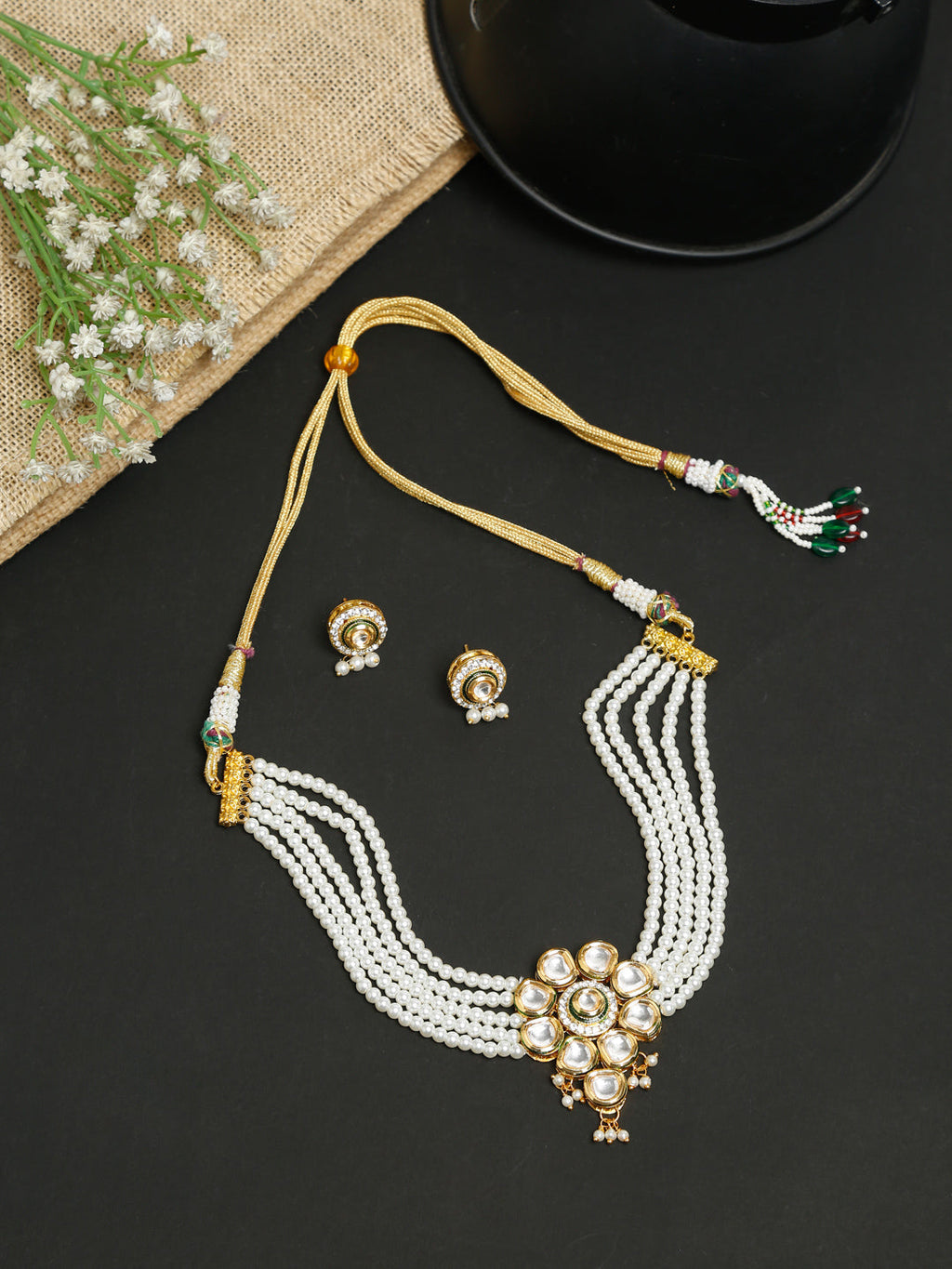 Kundan Choker With Pearls, Earrings - Ruby Raang