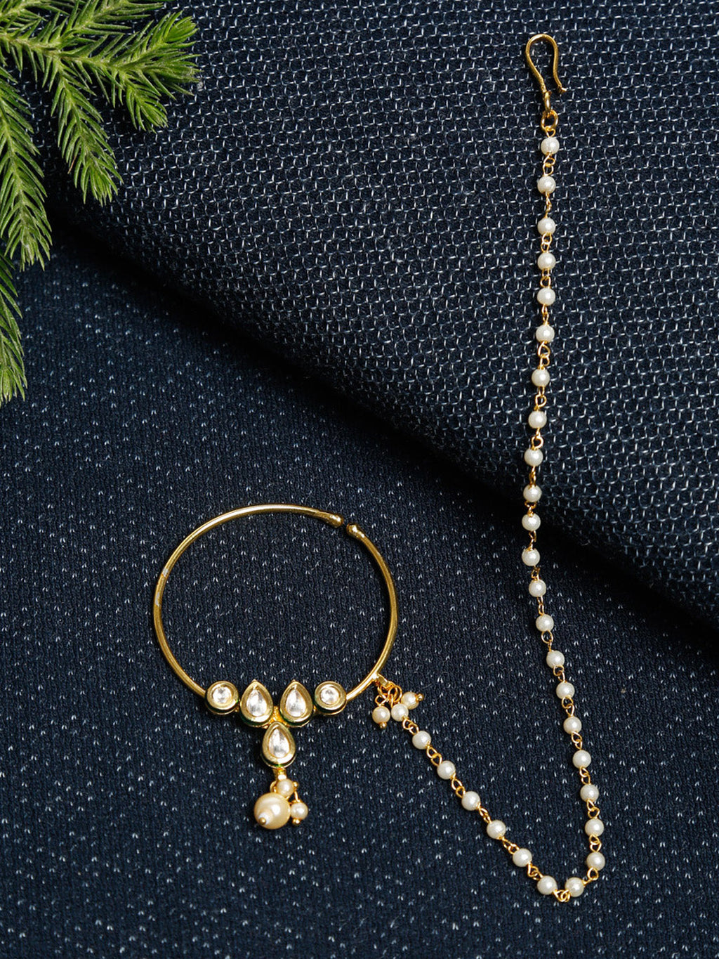 Gold-Polished Kundan Nose Ring - Ruby Raang