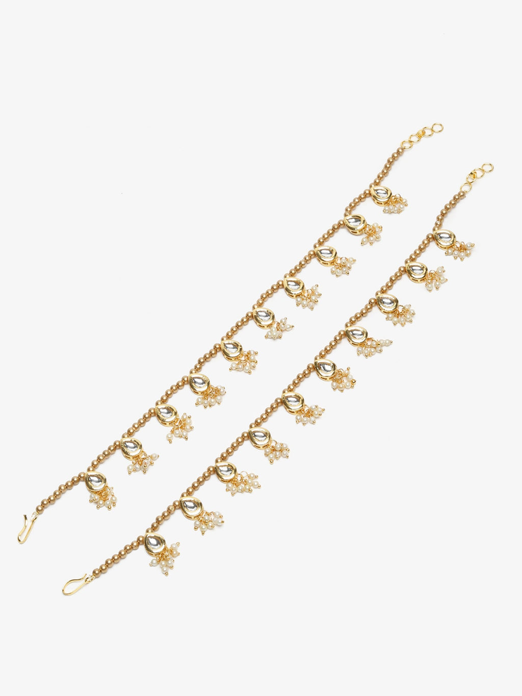 Gold-Polished White Kundan Set Of 2 Anklets - Ruby Raang