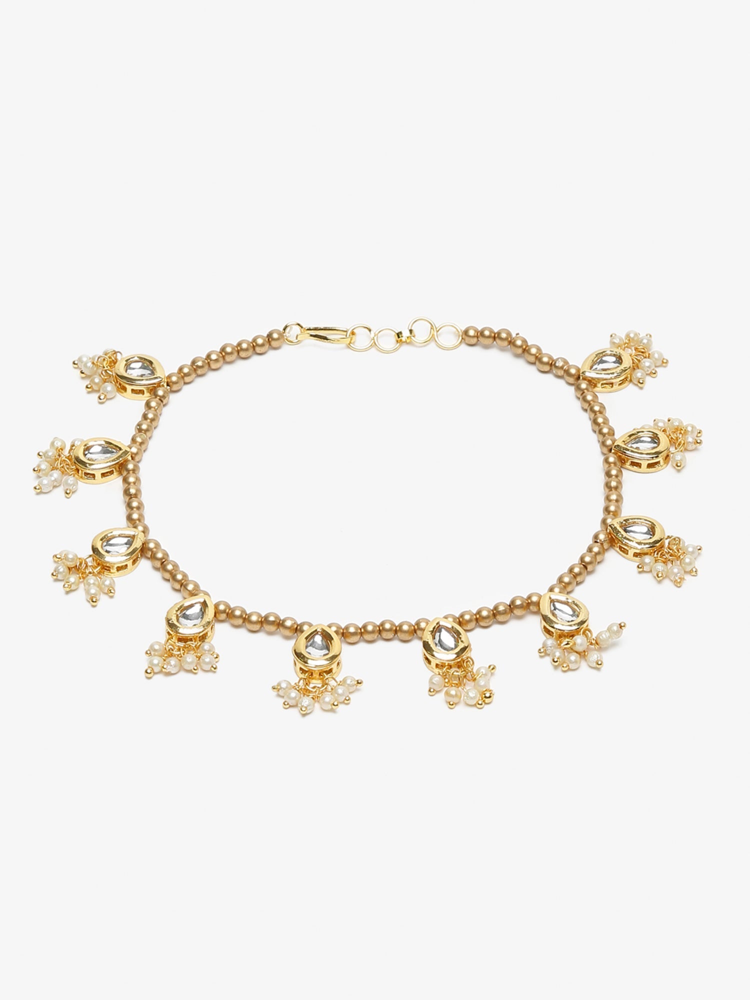 Gold-Polished White Kundan Set Of 2 Anklets - Ruby Raang