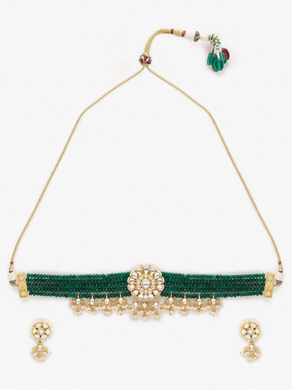 Gold-Polished Green Kundan-Studded Choker With Earrings - Ruby Raang